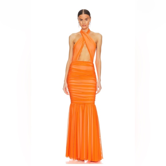 Crosshalter Fishtail Gown in Neon Orange - Picture 2 of 4